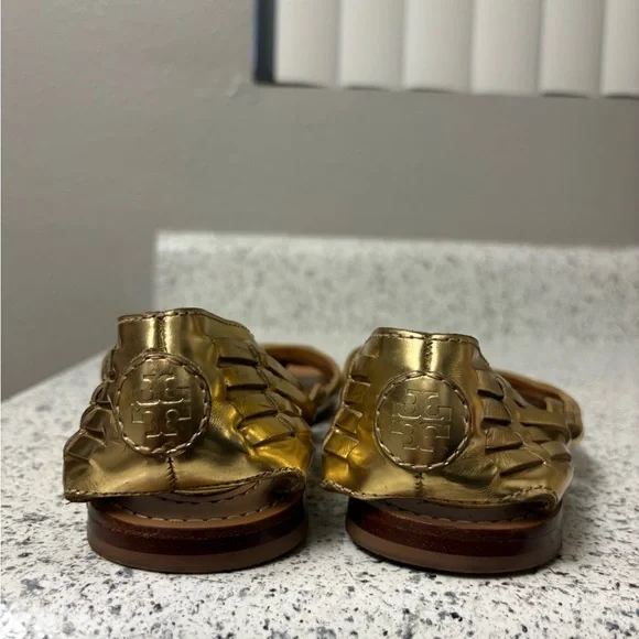 Tory Burch Women's Gold Metallic Leather Sandals Loafers - Picture 7 of 8